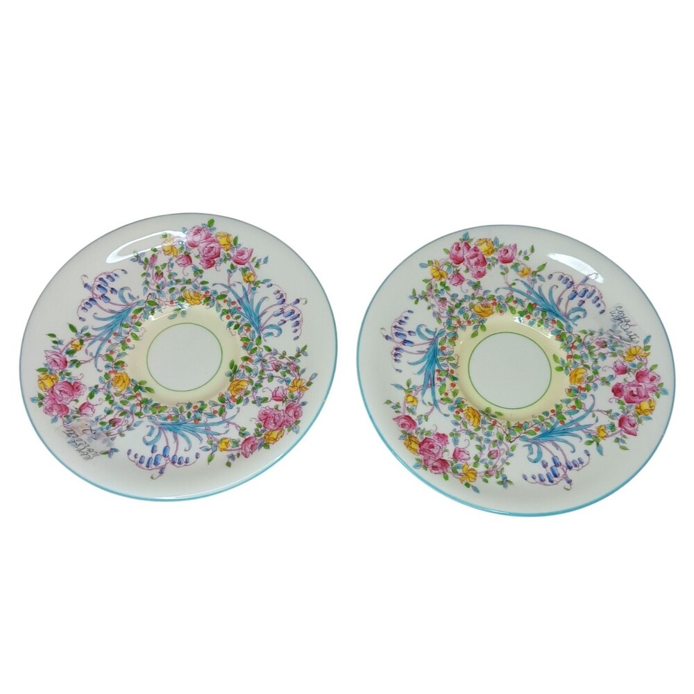 Royal Worcester June Saucer Floral Pink Blue Yellow 5 3/4"  Set Of Two Vintage